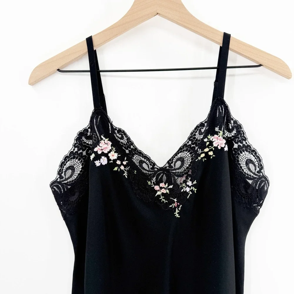 Vintage Y2K Lace Trim Mini‎ Slip Dress Embroidered in Black Size Large - Picture 3 of 8